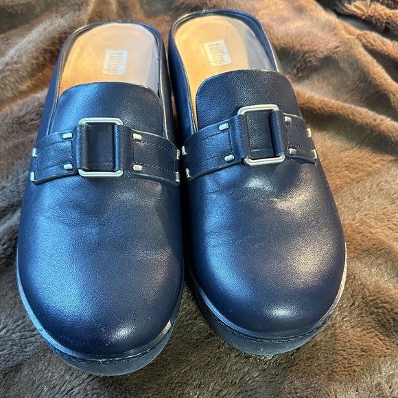 Fitflop Shoes - Fitflop Pilar Leather Platform Navy Mules with Buckle